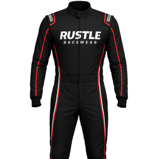 Rustle Racewear Black Racing Suit with Red and White Accents