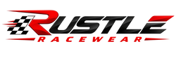 Rustle Racewear logo in red and black with a racing checkered flag design.