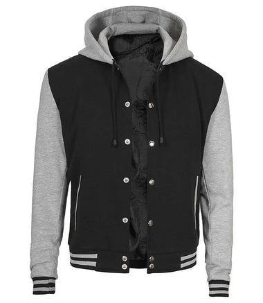 Mens Black and Grey Varsity Jacket with Hood - Letterman Style