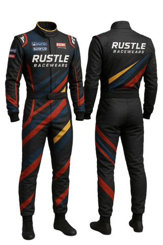 Rustle Racewears Custom Black Racing Suit – Red, Blue & Gold Stripes
