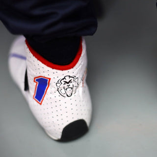 2025 Max Verstappen White Racing Shoes with Blue #1 and Lion Logo