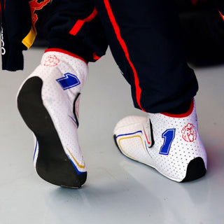 2025 Max Verstappen White Racing Shoes with Blue #1 and Lion Logo