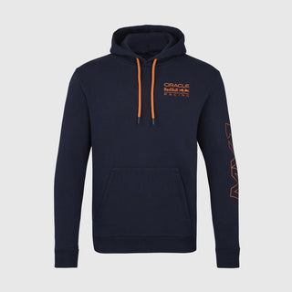 Navy blue Red Bull Racing Max Verstappen hoodie with orange drawstring and sleeve graphics