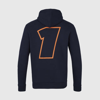 Back view of a navy blue Max Verstappen Red Bull Racing hoodie featuring a large orange number 1.