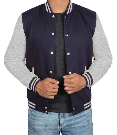 Mens Grey and Blue Varsity Jacket - Plain Bomber Style