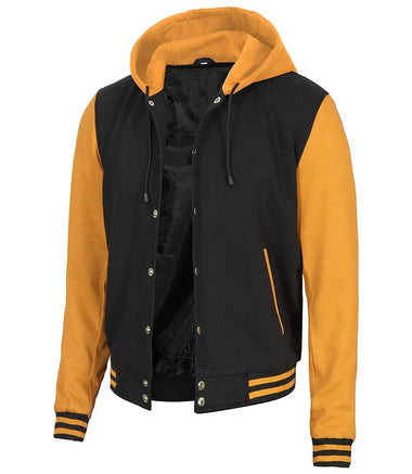 Mens Yellow and Black Varsity Letterman Jacket with Hood