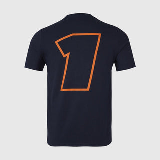 Back view of a navy blue Rustle Racewears t-shirt featuring a large orange number 1.