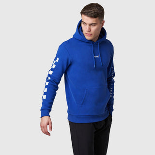 Blue McLaren F1 Dynamic Pack logo hoodie with checkered flag sleeve details