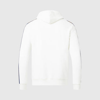 Back view of a white McLaren F1 Gulf Track hoodie with racing stripes on the sleeves.