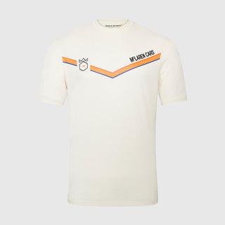 McLaren F1 Triple Crown white t-shirt with orange and blue chevron stripes