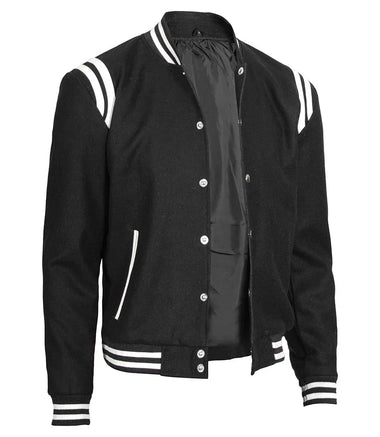Mens Wool Black Varsity Jacket with White Detailing | Letterman Style