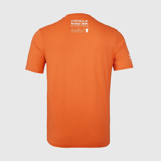 Back view of a Rustle Racewears orange Red Bull Racing Max Verstappen T-shirt