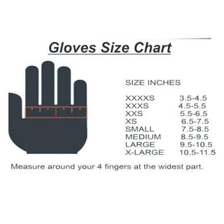 Gloves size chart showing measurements in inches for various sizes from XXXXS to X-LARGE.